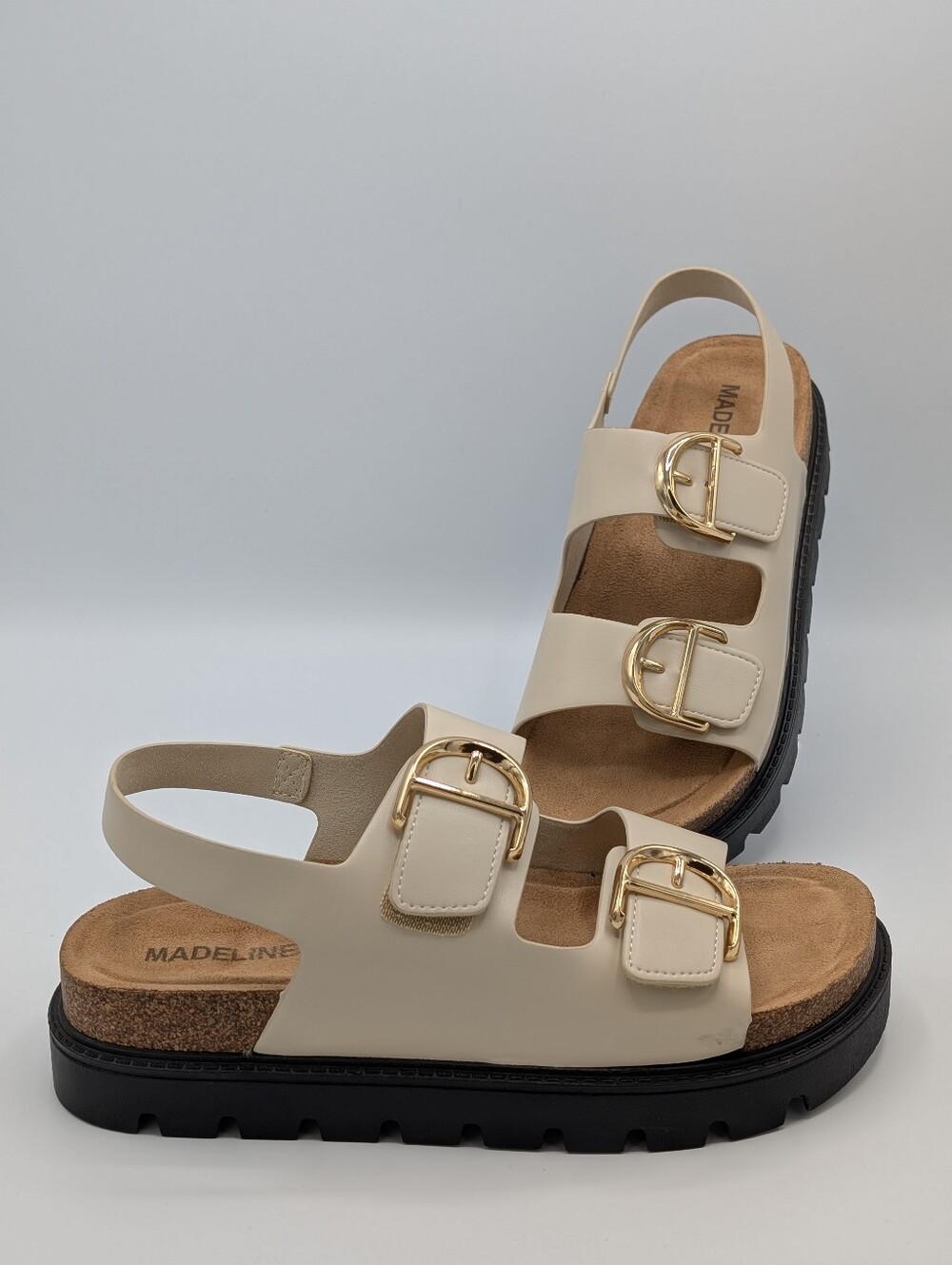 Madeline Cream Women's 8.5 Slingback Sandals with Gold Buckles Cork Footbed